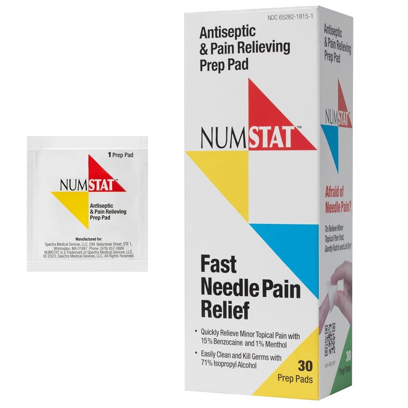 NUMSTAT Antiseptic Numbing Wipes for Needle Pain Relief, 2-In-1 Formula with Benzocaine, Isopropyl Alcohol and Menthol - 30 Prep Pads - Image 1